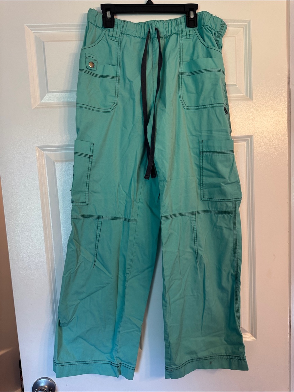 Wide Leg Cargo Pants in Teal with Drawstring